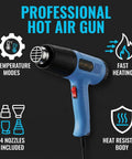 Heat Gun With Dual Temperature 572 To 1112 Fahrenheit, Two Speed, 110 Volt, Blue, shown with features and nozzles