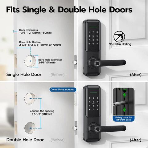 Keyless Fingerprint Smart Door Lock with Handle showing single and double hole door installation for exterior doors.