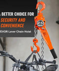Heavy Duty Manual Lever Hoist 1.5 Ton 3300 Lbs with 360 swivel hook lifting a motorcycle in a garage setting.