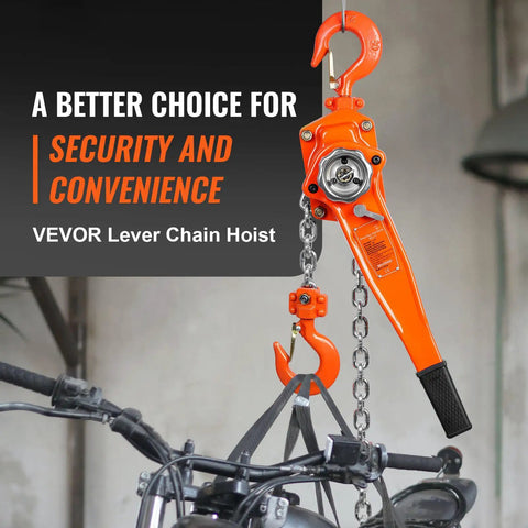 Heavy Duty Manual Lever Hoist 1.5 Ton 3300 Lbs with 360 swivel hook lifting a motorcycle in a garage setting.