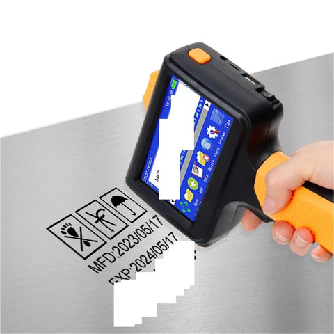 Highly Portable Handheld Inkjet Printer For Quick Date QR Code And Text Labeling With Smart Permanent Ink Smudge Proof Design in use on metal surface.