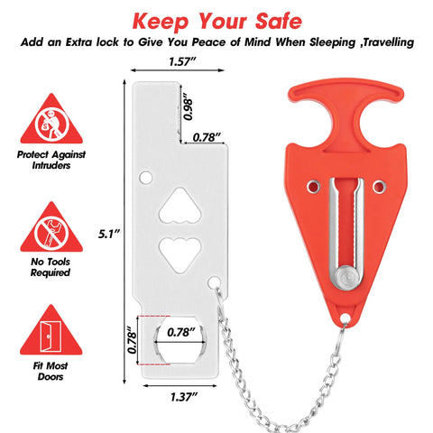 Portable Door Lock For Travel And Home Privacy On The Go, detailed dimensions of steel and ABS lock with red handle