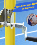 Net Post Tension Adjuster Handle For Tennis Courts Quick Install Iron Post Clamp shown on yellow tennis post
