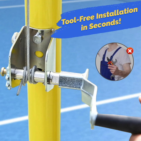 Net Post Tension Adjuster Handle For Tennis Courts Quick Install Iron Post Clamp shown on yellow tennis post