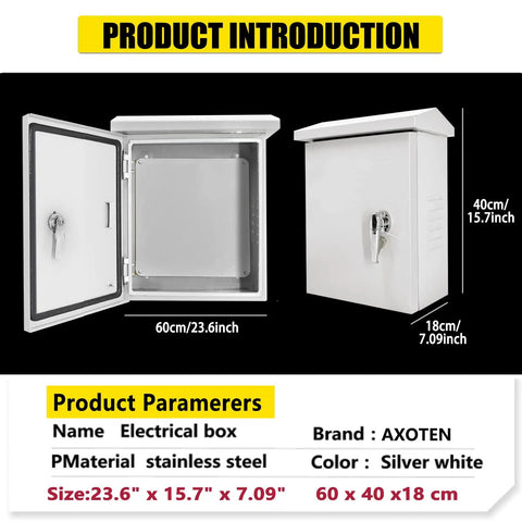 Rugged Outdoor Electrical Box Enclosure With IP65 Waterproof Junction Box Galvanized Steel Anti Rust NEMA Wall Mounted Project Box For Electronics Built Tough Weatherproof Housing showing open view and dimensions
