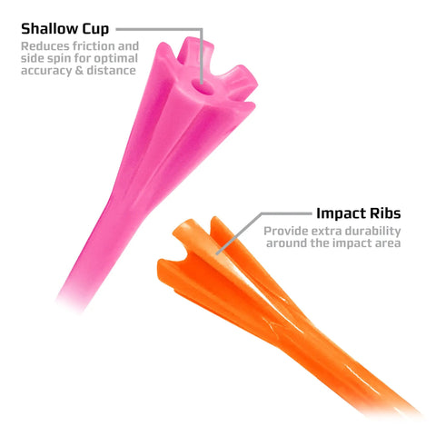 4 Prong 2.75 Inch Pro Grade Plastic Golf Tees Pack Of 30 Neon Mix For Long Distance And Straight Flights, shallow cup and ribs