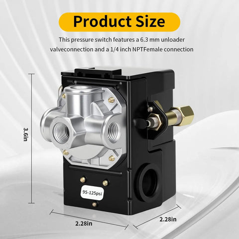 Four Port Air Compressor Pressure Switch For Pros And DIYs, Wide 95 To 125 PSI Range, 20 Amp Operation, NPT Quarter Inch Female Connection
