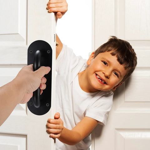 Door Handle Pull Push Plate Set Two Pack Heavy Duty Barn Door Pulls for cabinets, doors with a child smiling, alloy steel construction.
