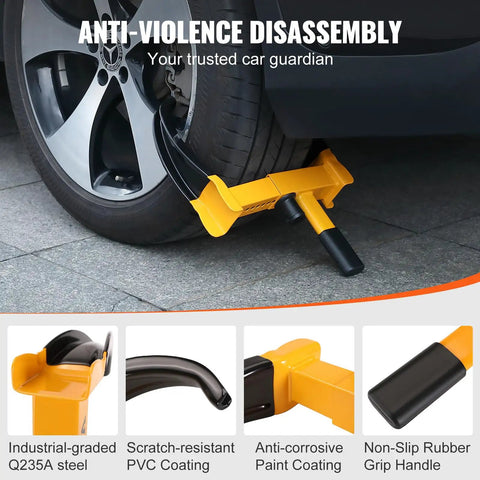Universal Wheel Clamp Lock Set, Adjustable Anti Theft Tire Lock For ATV, SUV, Car, Golf Cart, Boat, And Motorcycle with visible rubber grip handle and anti-corrosive paint coating installed on car tire.