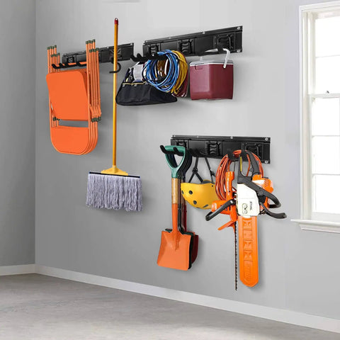 Garage Tool Storage Rack with Heavy Duty Hangers and Multi Purpose Hooks for outdoor tools, lawn equipment, and mop holders