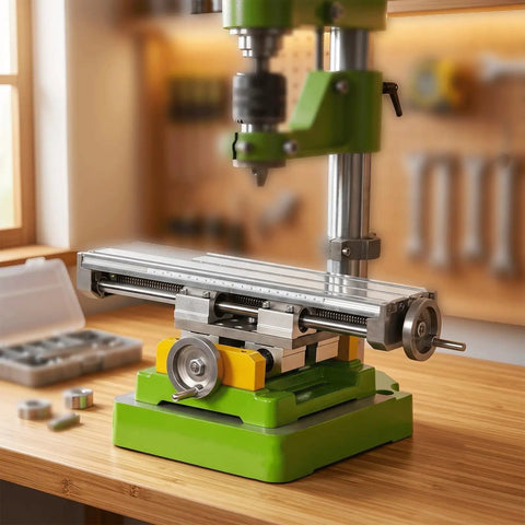 Heavy Duty Cross Slide Table For Milling Machine With Dual Axis X Y Travel Adjustment Smooth Operation Cast Iron Base Aluminum Worktable Precision Control For Metalworking Projects on a workbench.