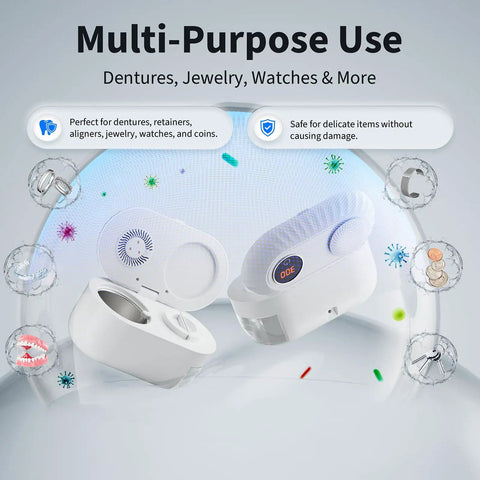 Automatic Denture Cleaner With Drain And Dry No Fuss, 45kHz cleaning machine for dentures, retainers, jewelry, and watches
