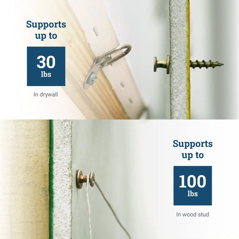 Image showing Bear Claw Hanger Screws 30 Pack Heavy Duty Picture Hangers For Drywall And Plaster Walls with capacity details.