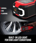 Hassle Free Portable Tire Inflator Cordless Air Compressor 150 Psi with LED light for dim conditions and digital gauge display.