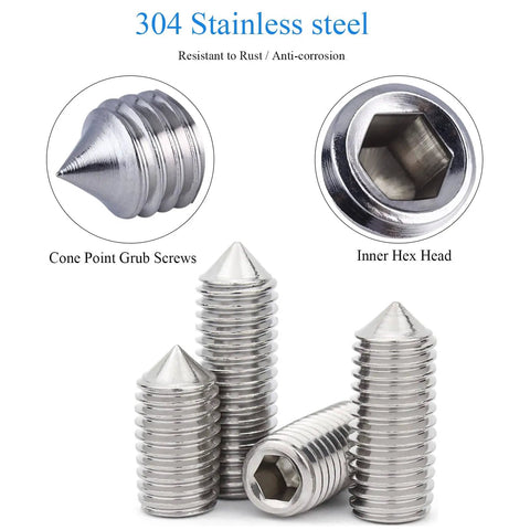 340 Piece Metric Set Screws Kit In 304 Stainless Steel, Allen Head Hex Socket Cone Point Set Screws, internal hex drive close-up