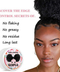 Woman with styled edges and Waterproof Lace Front Wig Glue Kit 1.28oz Edge Control product beside her. Text about benefits.