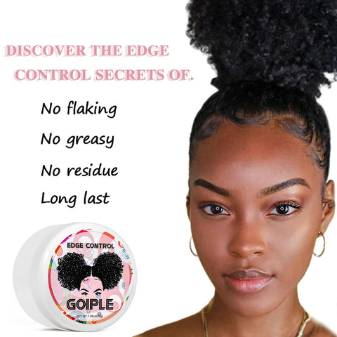 Woman with styled edges and Waterproof Lace Front Wig Glue Kit 1.28oz Edge Control product beside her. Text about benefits.