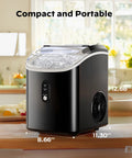 Front view of black countertop nugget ice maker with transparent lid and ice pellets