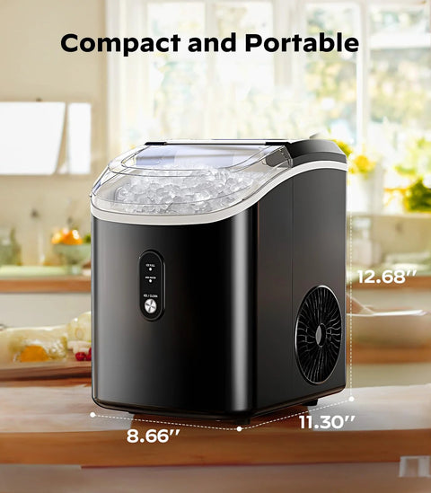 Front view of black countertop nugget ice maker with transparent lid and ice pellets