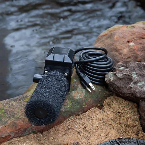 Submersible Pond Pump Kit 500 GPH 38.4W for Small Ponds Up to 1000 Gallons with debris guard on rocky edge