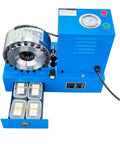 Top Shelf Heavy Duty Electric Hydraulic Hose Crimper With Killer Five Ton Punch And Lightning Fast Eight Die Swap Kit For Zero Hassle 110V Garage Service On Six To Twenty Eight Millimeter Tubing with die storage drawers.