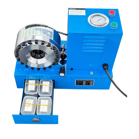 Top Shelf Heavy Duty Electric Hydraulic Hose Crimper With Killer Five Ton Punch And Lightning Fast Eight Die Swap Kit For Zero Hassle 110V Garage Service On Six To Twenty Eight Millimeter Tubing with die storage drawers.