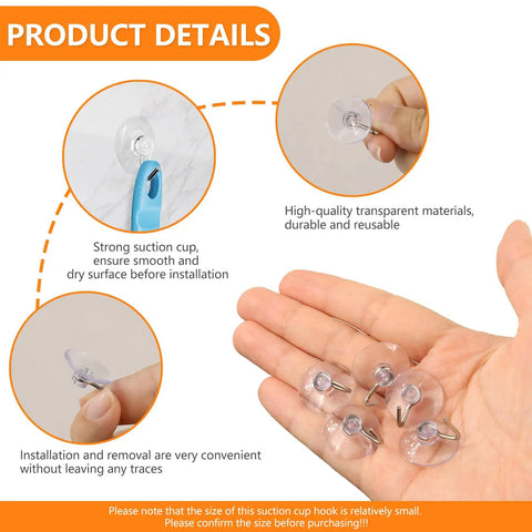 Forty Pack Mini Clear Suction Cup Hooks With Sleek Metal Utility Rings, hand showcasing transparent suction cups with metal rings.