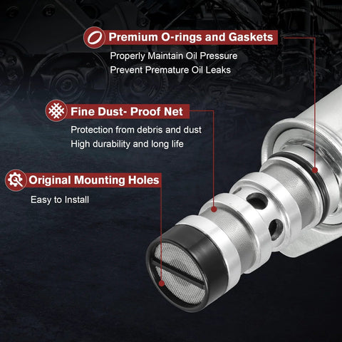Close-up of VVT Solenoid Oil Control Valve For Chevy Cruze Sonic Trax Aveo Aveo5 G3 Astra 2008 2020 1.6L And 1.8L Engines 2 Pack Replacement Engine Variable Valve Timing Solenoid For GM Cars, featuring fine dust-proof net and mounting details.