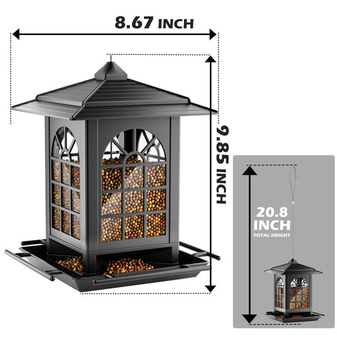 Two Pack Outdoor Hanging Bird Feeders With One Minute Easy Assembly Classic Courtyard Design Attract Cardinals Chickadees Goldfinches Sparrows Total Seven Pound Capacity Black shown with dimensions.