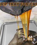 Two Piece Stainless Steel Oil Drip Pan Set For Cars And Motorcycles in use, capturing oil from vehicle above rust-resistant pan