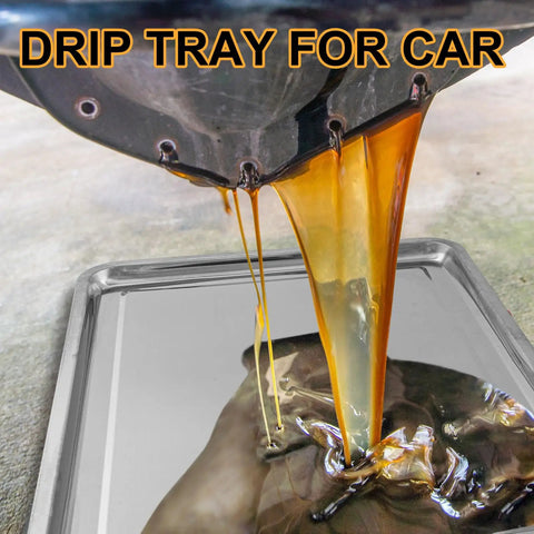 Two Piece Stainless Steel Oil Drip Pan Set For Cars And Motorcycles in use, capturing oil from vehicle above rust-resistant pan