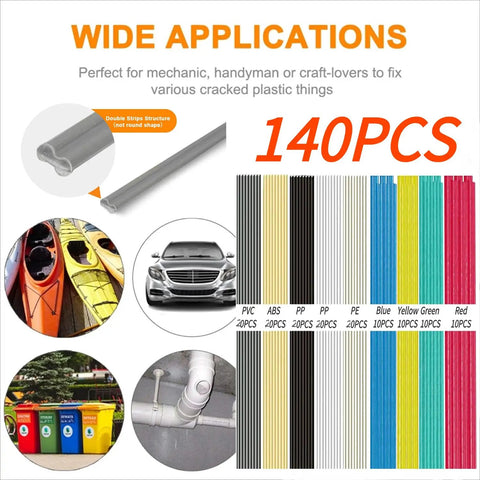 110V Plastic Welder Kit With 100 Plastic Rods shown with applications for kayaks, bumpers, recycling bins, and pipes