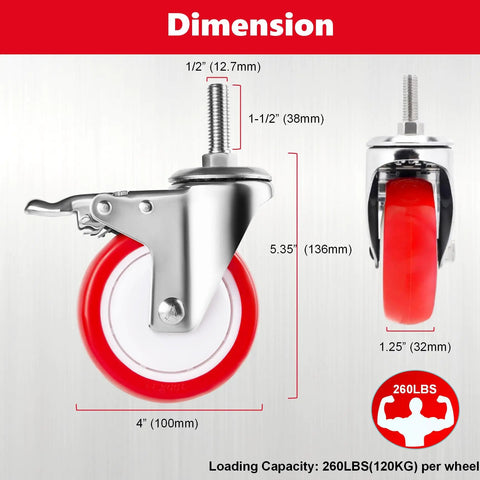 4 Inch Heavy Duty Stainless Steel Caster Wheels With Polyurethane Tread And Swivel Brake, dimensions and specifications displayed.