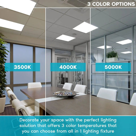 2x2 Ft LED Flat Panel Lights Slick 4400 Lumens 40W 3 Color Temperature Switchable display in office setting