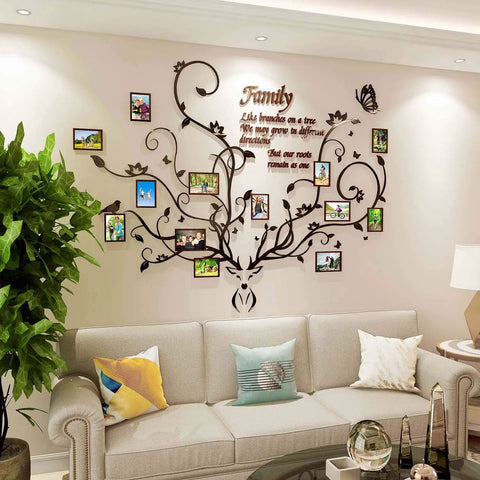 Antler Themed Family Tree Wall Art For Living Room With 3D Removable Picture Frame Collage, DIY Acrylic Stickers Featuring A Deer Head