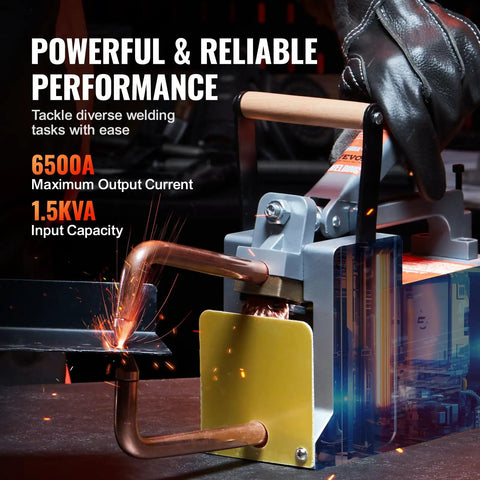 Portable 1/8 Inch Spot Welder With 1.5KVA Input Capacity, handheld welding gun for steel sheet metal, demonstrating spark welding