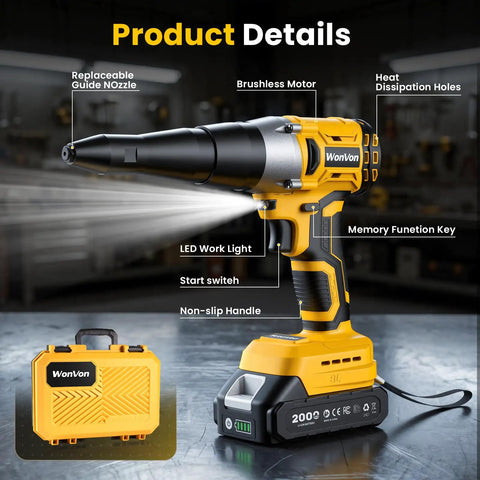 Cordless Electric Rivet Gun Kit With 20V Max Battery, Brushless High Torque Riveting Tool, shown with labels for features