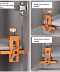Badass Cabinet Door Mounting Jig With Adjustable Aluminum Clamp And Rock Solid Steel Rods For Dead Nuts Hinge Alignment Easy Solo Diy Setup No Fuss Support Tool For Quick Home Repair Jobs Anywhere, front view mounted on cabinet.