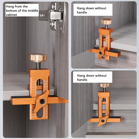 Badass Cabinet Door Mounting Jig With Adjustable Aluminum Clamp And Rock Solid Steel Rods For Dead Nuts Hinge Alignment Easy Solo Diy Setup No Fuss Support Tool For Quick Home Repair Jobs Anywhere, front view mounted on cabinet.