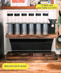 Double Tier Coffee Bean Storage Rack With Airtight Sealed Jars And One Way Valves Includes Twelve Precision Dosing Tubes and tamper base.