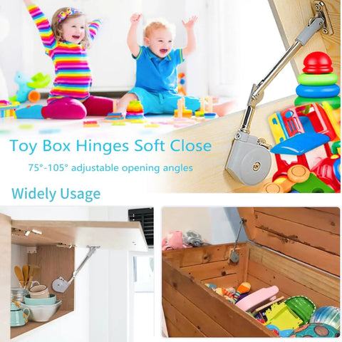 Lid Stay 105 Degree Open With Soft Close For Toy Box And Upward Top Opening Flap Doors Toy Chest Hinges Soft Close Chest Hinge 15 To 25 Lb Pack Of 2 Easy Install For Quick Fit shown with children's toys