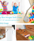 Lid Stay 105 Degree Open With Soft Close For Toy Boxes And Upward Top Opening Flap Doors Tough Built To Last Chest Hinge Supports 6 To 12 Lb Per Piece Easy Install Toy Box Hinge Quiet Self Close Lid Assist For Safe Storage visible on toy chest and cupboard.