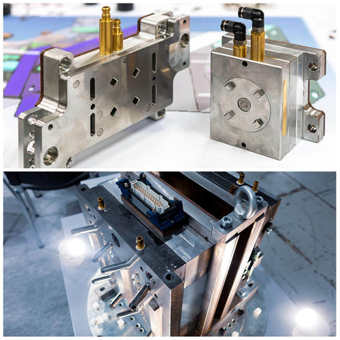 Industrial metal component blocks with attached connectors and fittings in a manufacturing setting.