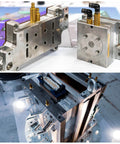 Metal components with fittings and connectors for a machinery setup, showcasing intricate engineering and precision parts.