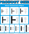 Product size chart showing Six Piece Five Foot Silicone Vacuum Hose Kit With Six Sizes From One Eighth To Three Eighths Inch Includes Tee Straight Reducer Fittings Pro Grade And 24 Hose Clamps And 64 Fittings For A 94 Piece Automotive Vacuum Line Set