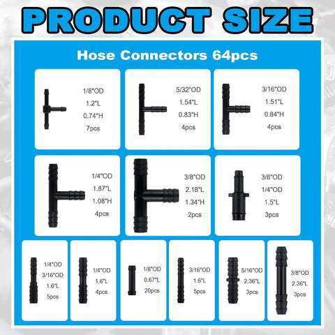 Product size chart showing Six Piece Five Foot Silicone Vacuum Hose Kit With Six Sizes From One Eighth To Three Eighths Inch Includes Tee Straight Reducer Fittings Pro Grade And 24 Hose Clamps And 64 Fittings For A 94 Piece Automotive Vacuum Line Set
