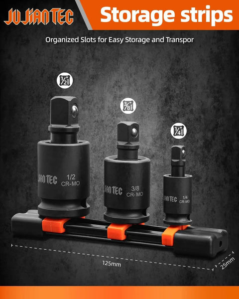 Beefy Impact Universal Joint Socket Swivel Set Three Piece Drive Half Inch Three Eighths Inch Quarter Inch, stored on a rack