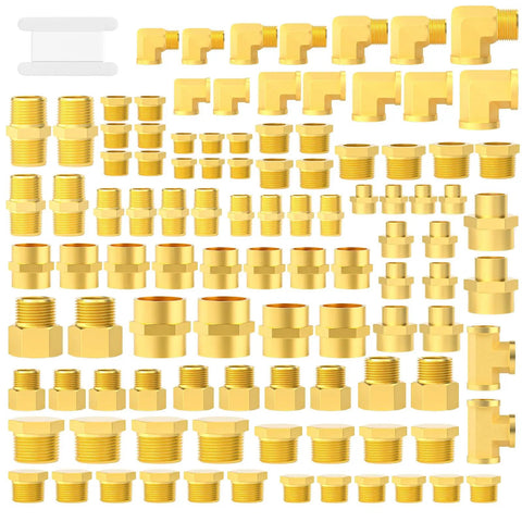 Brass Pipe Fittings 104 Piece Assortment Kit with reducing adapters, hex nipples, couplings, elbows, bushings, and plugs displayed