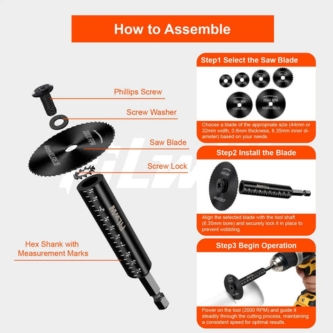 Assembly guide for Inside Pipe Cutter Kit With Six Saw Tooth Blades Three Inch Scale One Quarter Inch Hex Shank Pro Grade Versatile Cutter
