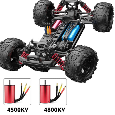 RC car chassis with 4800KV Brushless Motor 4 Pole 12 Slot Hi Torque Sensorless Drive, 1:16/1:18 scale, and 25A ESC visible